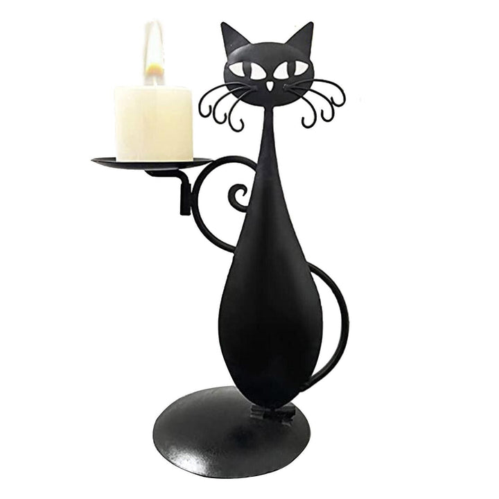Black Cat Candle Holder Iron | Raised Tail Handle Design with Textured Fur Detail | Holds Tealights Votives Pillar Candles 2