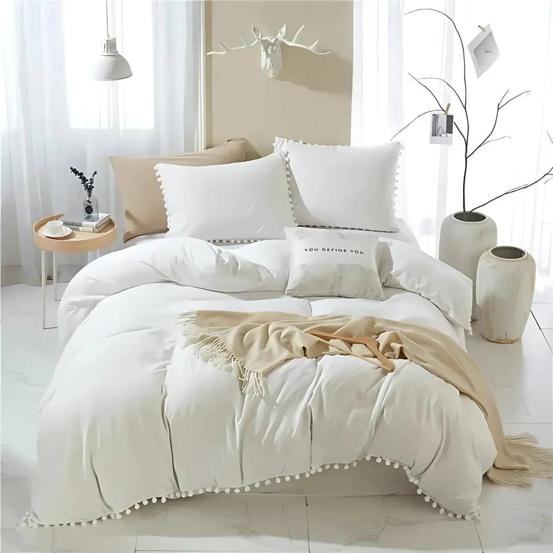 Quilt Cover Set with Pompom Trim | Single, Double, Queen, King, 10 Colours | Oversized Fit, Matching Pillowcases Included 1