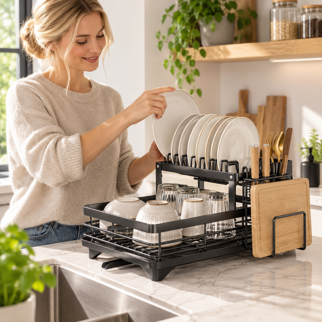 Kitchen Storage Dish Rack 2-Tier Coated Steel with 360 Rotating Drain 4