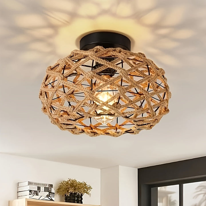 Hemp Rope Ceiling Light Flush Mount | Handwoven Iron Frame Fixture | Warm Ambient Glow for Bedroom and Living Room 2