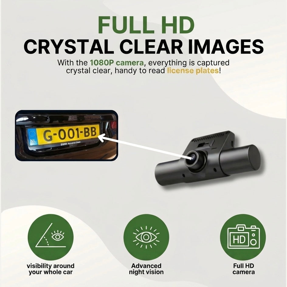 3-Camera Dash Cam | 1080P HD | Front, Rear & Interior | Smart Parking Mode | Night Vision