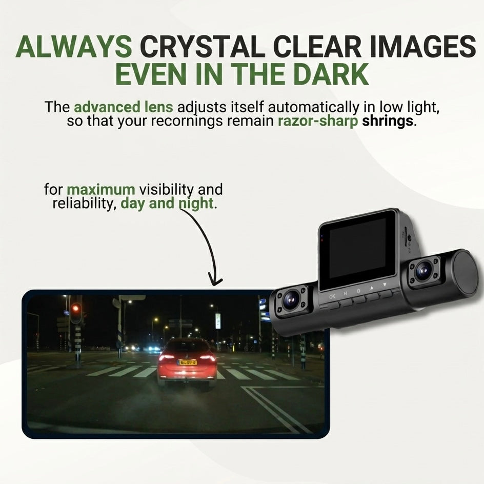 3-Camera Dash Cam | 1080P HD | Front, Rear &amp; Interior | Smart Parking Mode | Night Vision