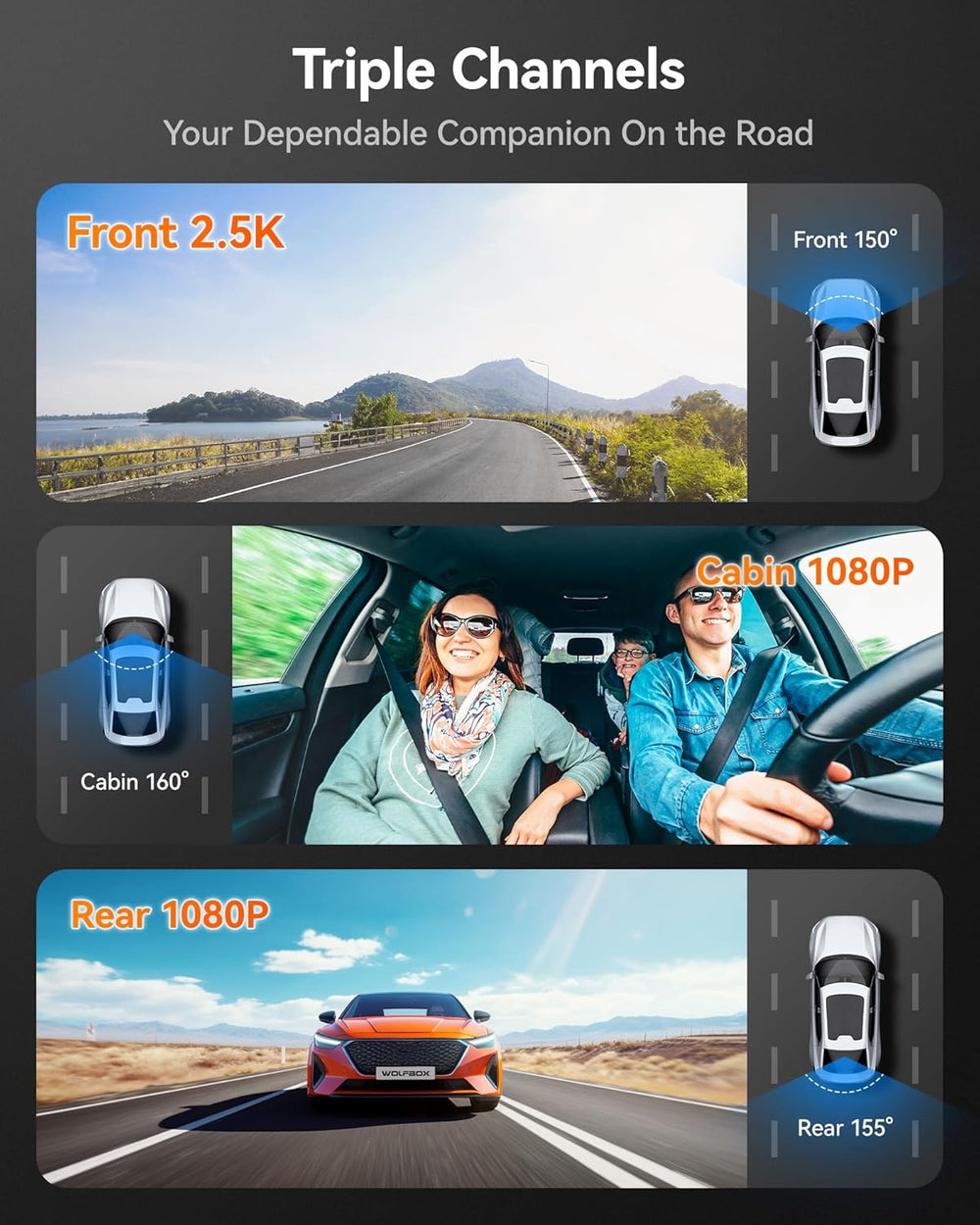 3-Channel Dash Cam | 4K Front | 1080P Rear & Interior | Night Vision | GPS | WiFi | 32GB