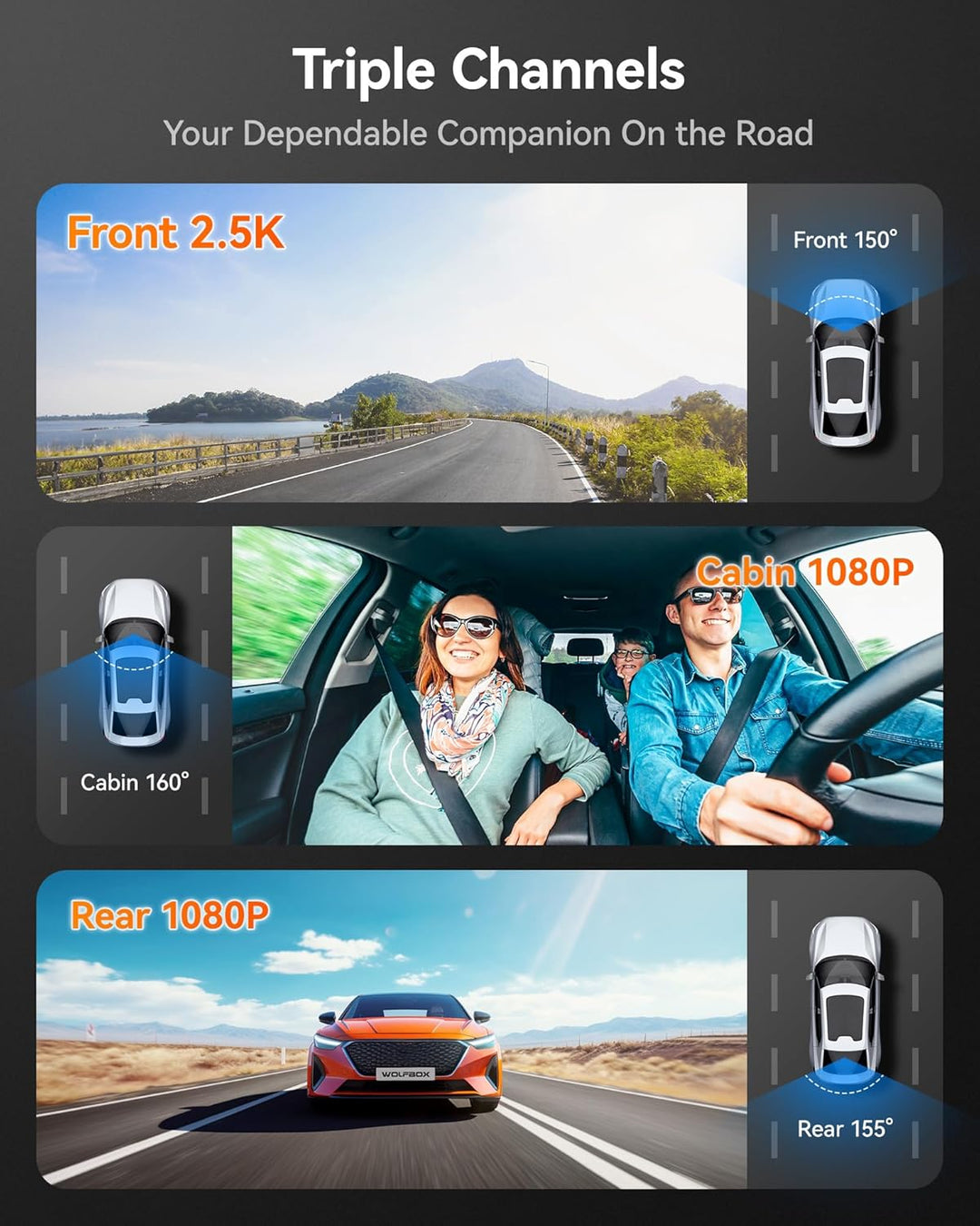 3-Channel Dash Cam | 4K Front | 1080P Rear &amp; Interior | Night Vision | GPS | WiFi | 32GB