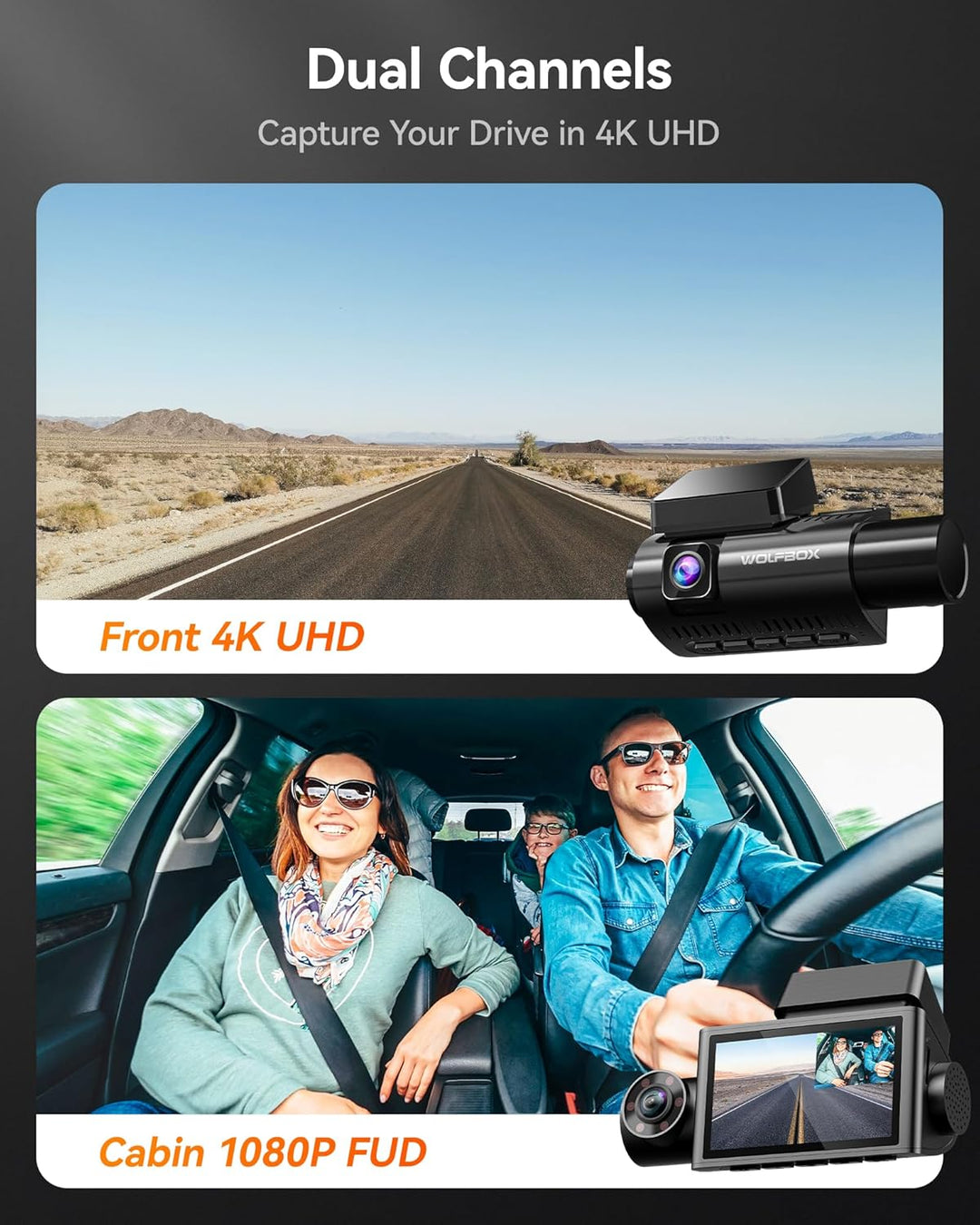 3-Channel Dash Cam | 4K Front | 1080P Rear &amp; Interior | Night Vision | GPS | WiFi | 32GB