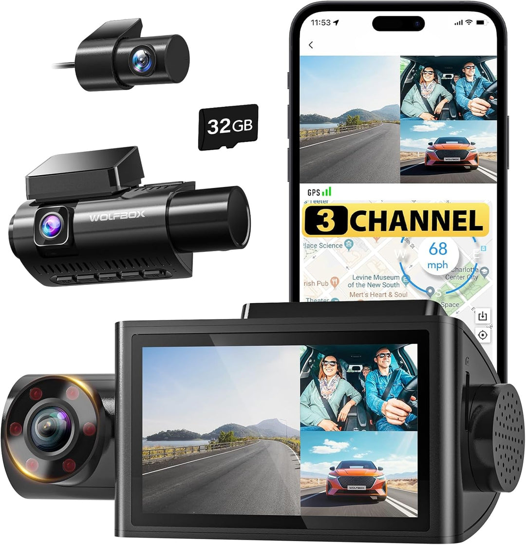 3-Channel Dash Cam | 4K Front | 1080P Rear & Interior | Night Vision | GPS | WiFi | 32GB