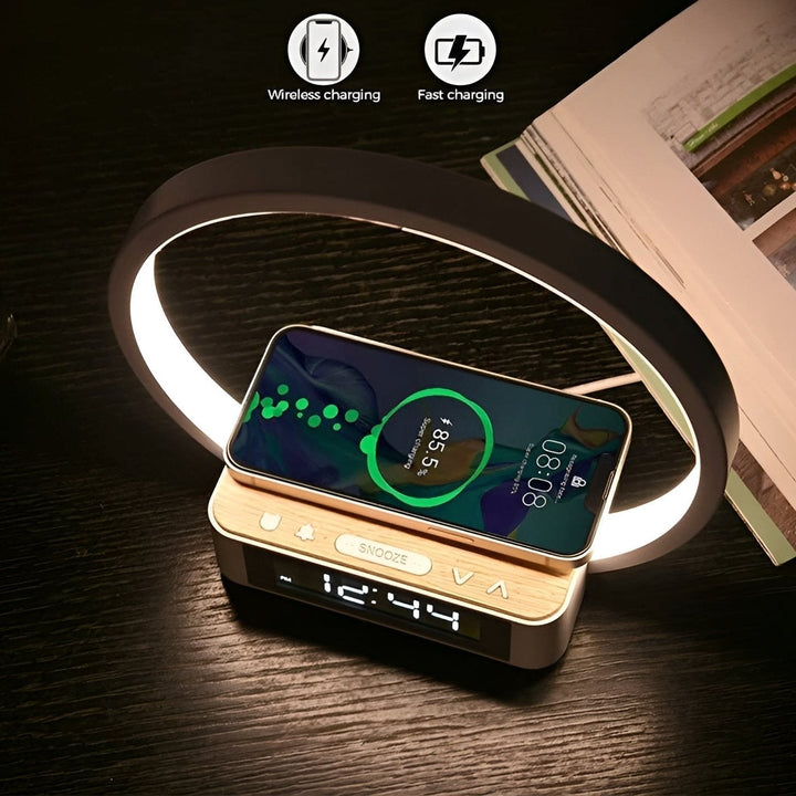 3-in-1 LED Table Lamp with Wireless Qi Charging | Built-In Alarm Clock &amp; Touch Control | Adjustable Brightness Levels