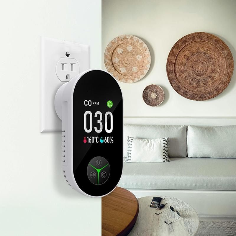 3-in-1 Carbon Monoxide Detector with Temperature and Humidity Display – Plug-In CO Alarm with 85 dB Alert, Color LCD Screen 0