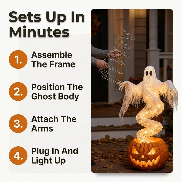 Rising Ghost &amp; Pumpkin Yard Lamp Halloween Decoration | Spiral Frame with Warm Glow Lighting | Porch &amp; Entryway Display 3
