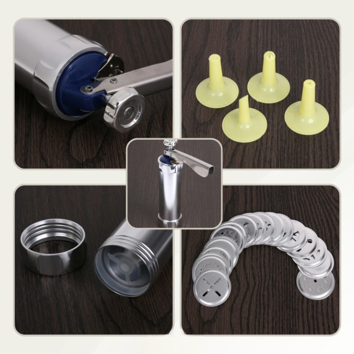 Cookie Press Mould Set Aluminium | 20 Templates &amp; 4 Piping Nozzles | Adjustable Size Dial for Uniform, Evenly Portioned Cookies 5