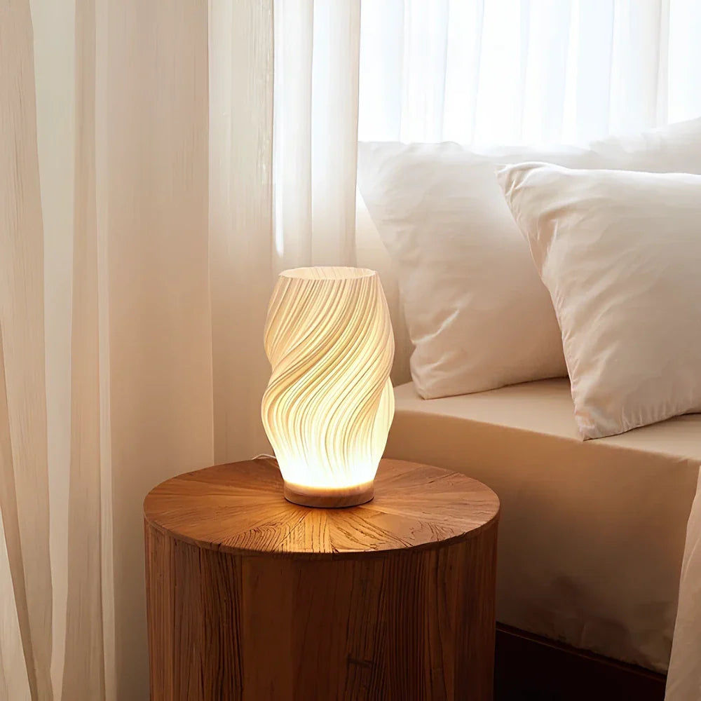 Wave Shade Table Lamp Metal &amp; Wood Base 20.5–30 cm | 3-Step Dimmable, USB-Powered | Warm &amp; Natural White Light 12