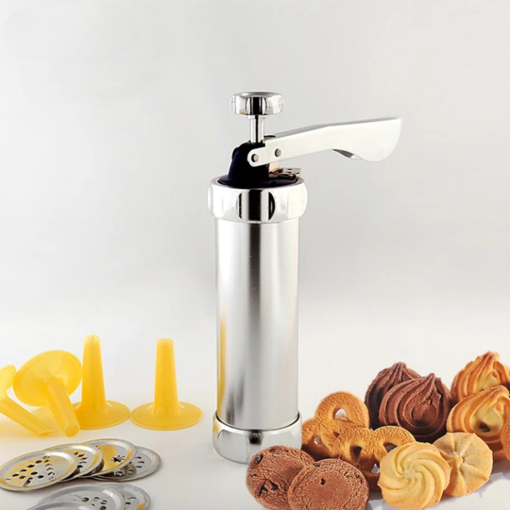 Cookie Press Mould Set Aluminium | 20 Templates &amp; 4 Piping Nozzles | Adjustable Size Dial for Uniform, Evenly Portioned Cookies 6