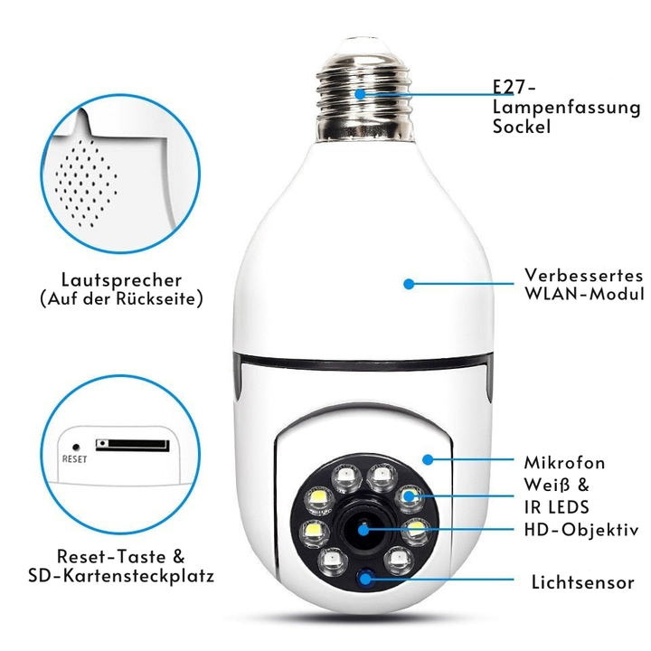 360° Security Camera for E27 Socket | Full HD Night Vision &amp; Motion Detection Alerts | Wi-Fi App Control Indoor Outdoor