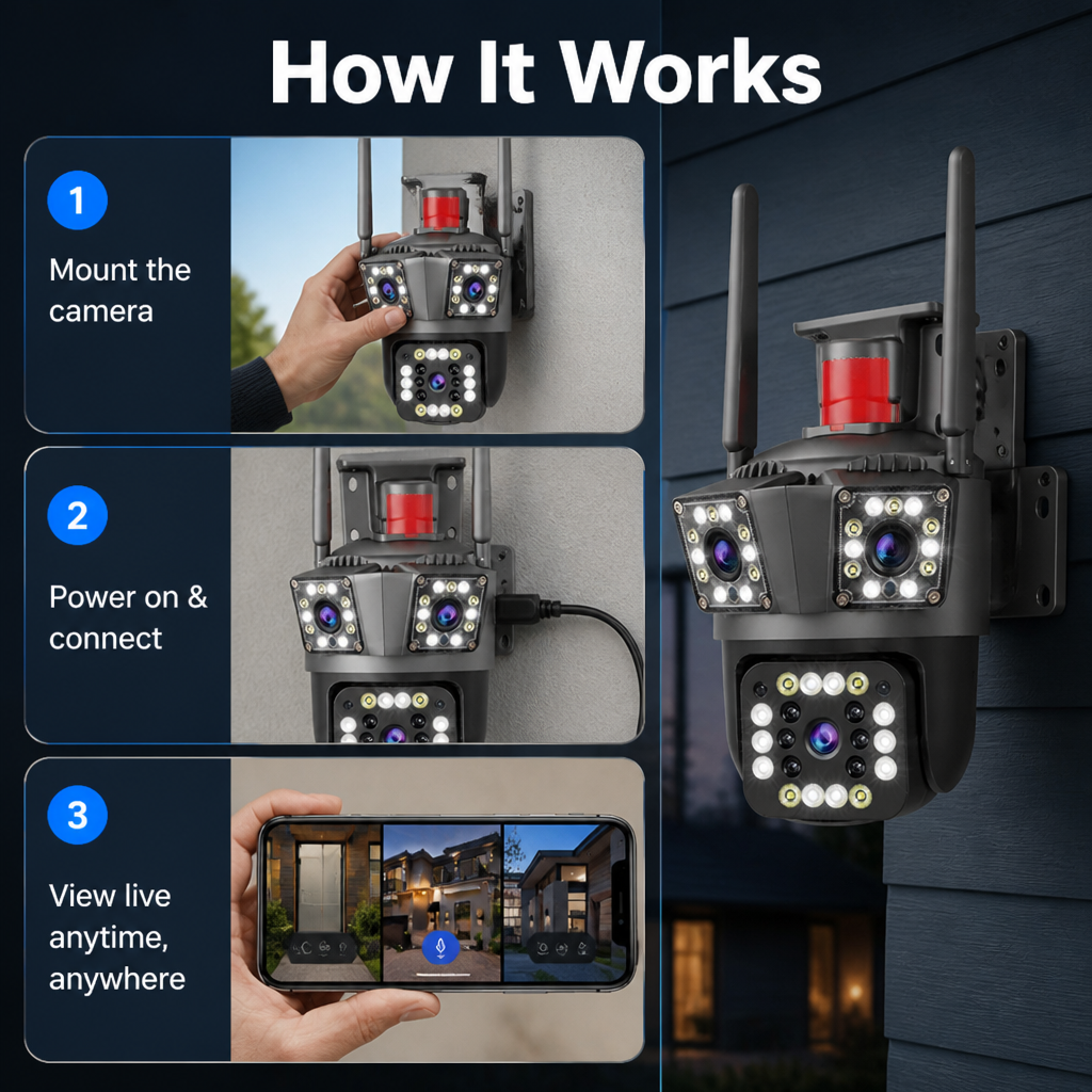 360° Wireless Security Camera Multi-Lens | 1080P HD Video with No Blind Spots | Two-Way Talk &amp; Motion Alerts, IP66 Weatherproof