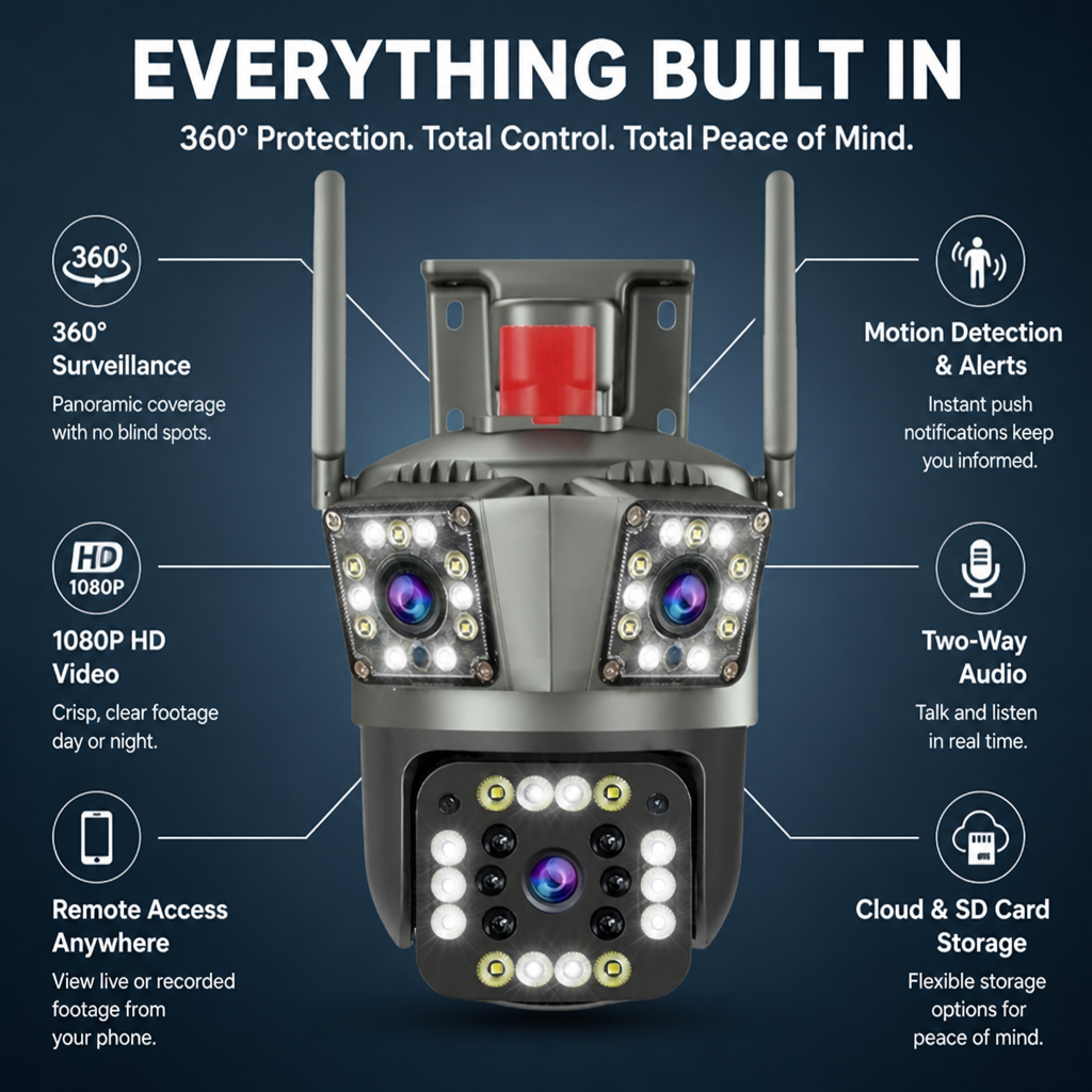 360° Wireless Security Camera Multi-Lens | 1080P HD Video with No Blind Spots | Two-Way Talk &amp; Motion Alerts, IP66 Weatherproof