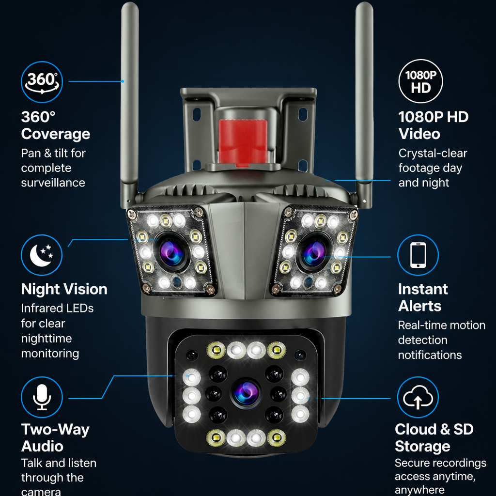 360° Wireless Security Camera Multi-Lens | 1080P HD Video with No Blind Spots | Two-Way Talk &amp; Motion Alerts, IP66 Weatherproof