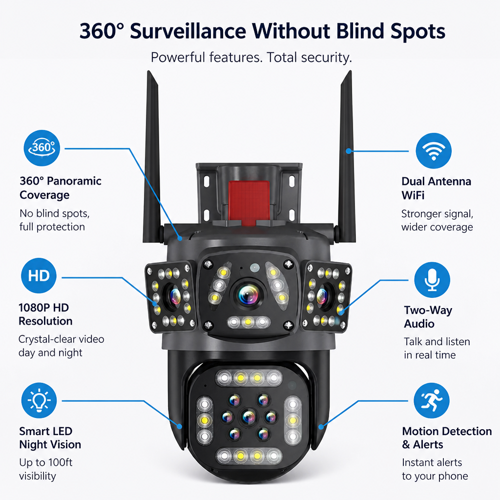 360° Wireless Security Camera Multi-Lens | 1080P HD Video with No Blind Spots | Two-Way Talk &amp; Motion Alerts, IP66 Weatherproof