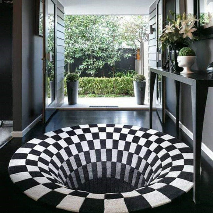 3D Optical Illusion Floor Rug Polyester | Black Hole Print, Anti-Slip Backing | Plush Mat for Living Room &amp; Office