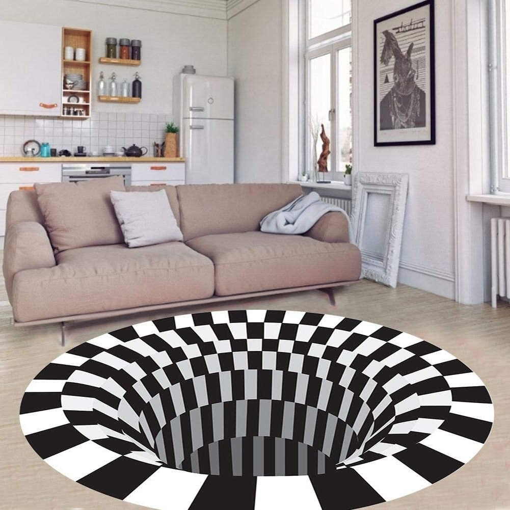 3D Optical Illusion Floor Rug Polyester | Black Hole Print, Anti-Slip Backing | Plush Mat for Living Room &amp; Office