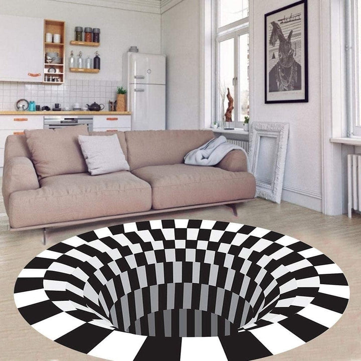 3D Optical Illusion Floor Rug Polyester | Black Hole Print, Anti-Slip Backing | Plush Mat for Living Room &amp; Office