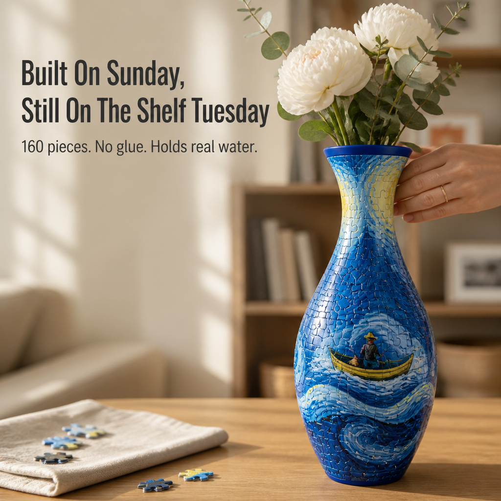 3D Puzzle Vase 160 Pieces | Waterproof Insert Holds Real Flowers | Snap-Fit Build, No Glue, 6 Porcelain-Look Designs