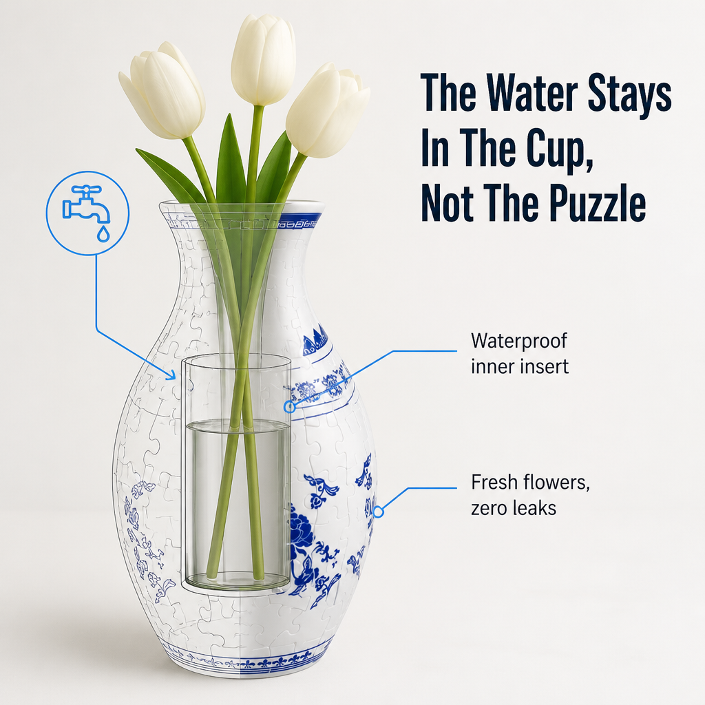 3D Puzzle Vase 160 Pieces | Waterproof Insert Holds Real Flowers | Snap-Fit Build, No Glue, 6 Porcelain-Look Designs