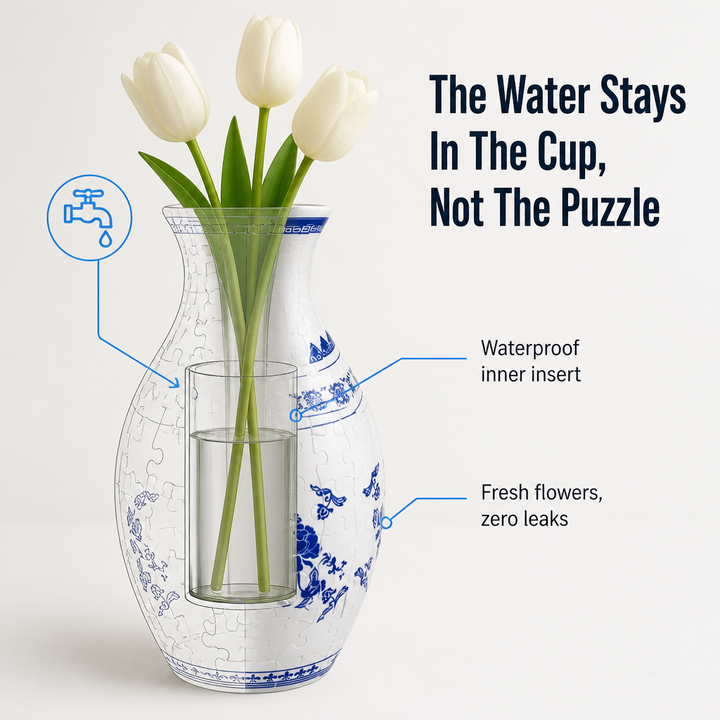 3D Puzzle Vase 160 Pieces | Waterproof Insert Holds Real Flowers | Snap-Fit Build, No Glue, 6 Porcelain-Look Designs