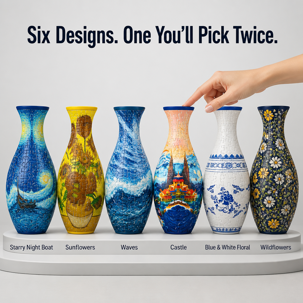 3D Puzzle Vase 160 Pieces | Waterproof Insert Holds Real Flowers | Snap-Fit Build, No Glue, 6 Porcelain-Look Designs