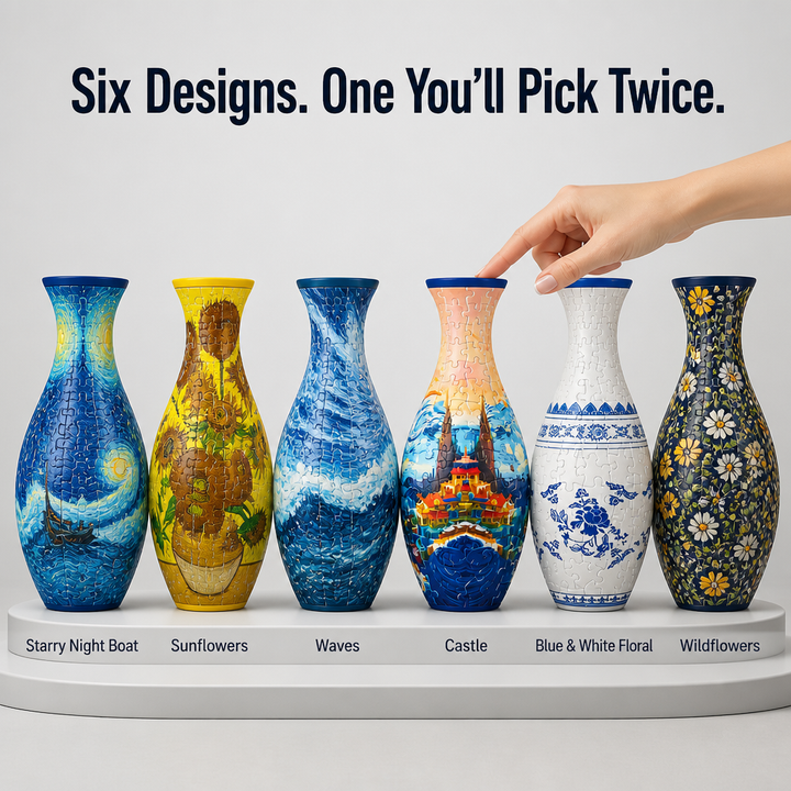 3D Puzzle Vase 160 Pieces | Waterproof Insert Holds Real Flowers | Snap-Fit Build, No Glue, 6 Porcelain-Look Designs
