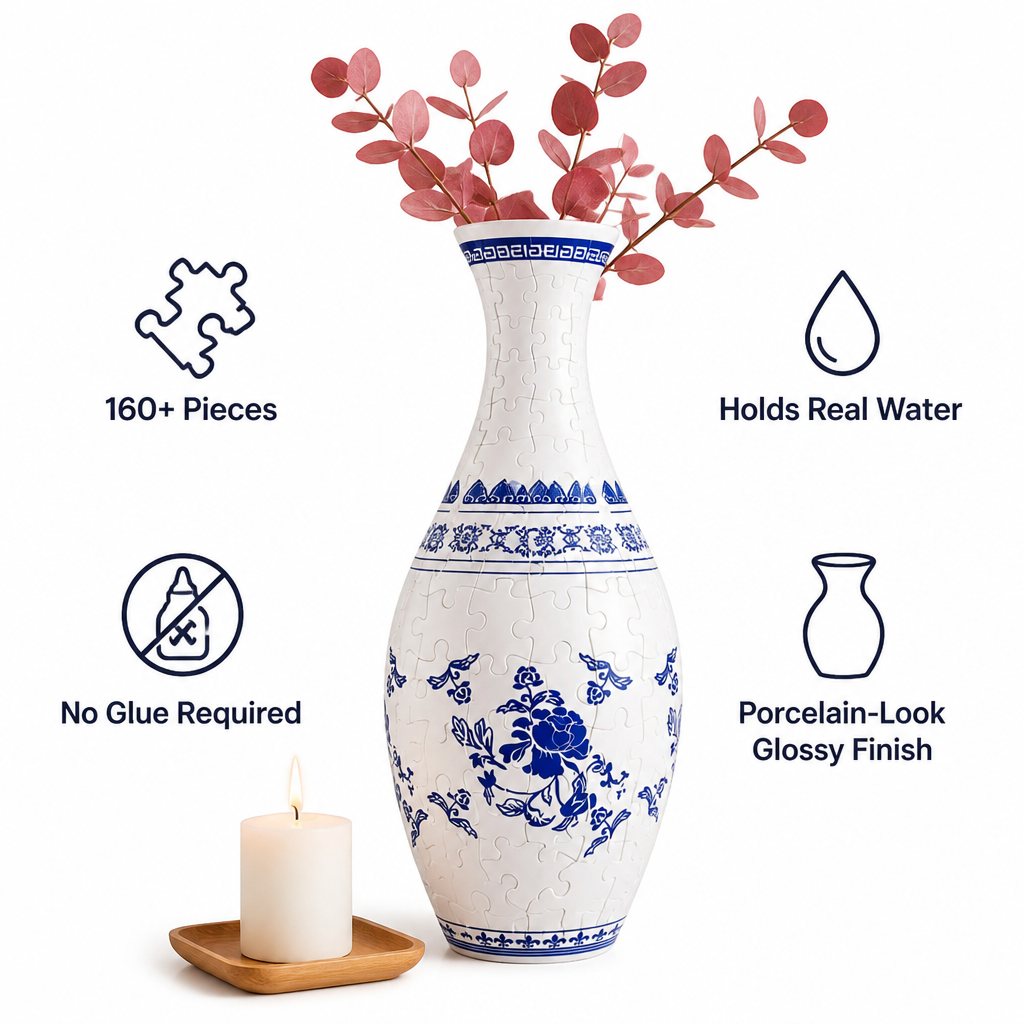 3D Puzzle Vase 160 Pieces | Waterproof Insert Holds Real Flowers | Snap-Fit Build, No Glue, 6 Porcelain-Look Designs