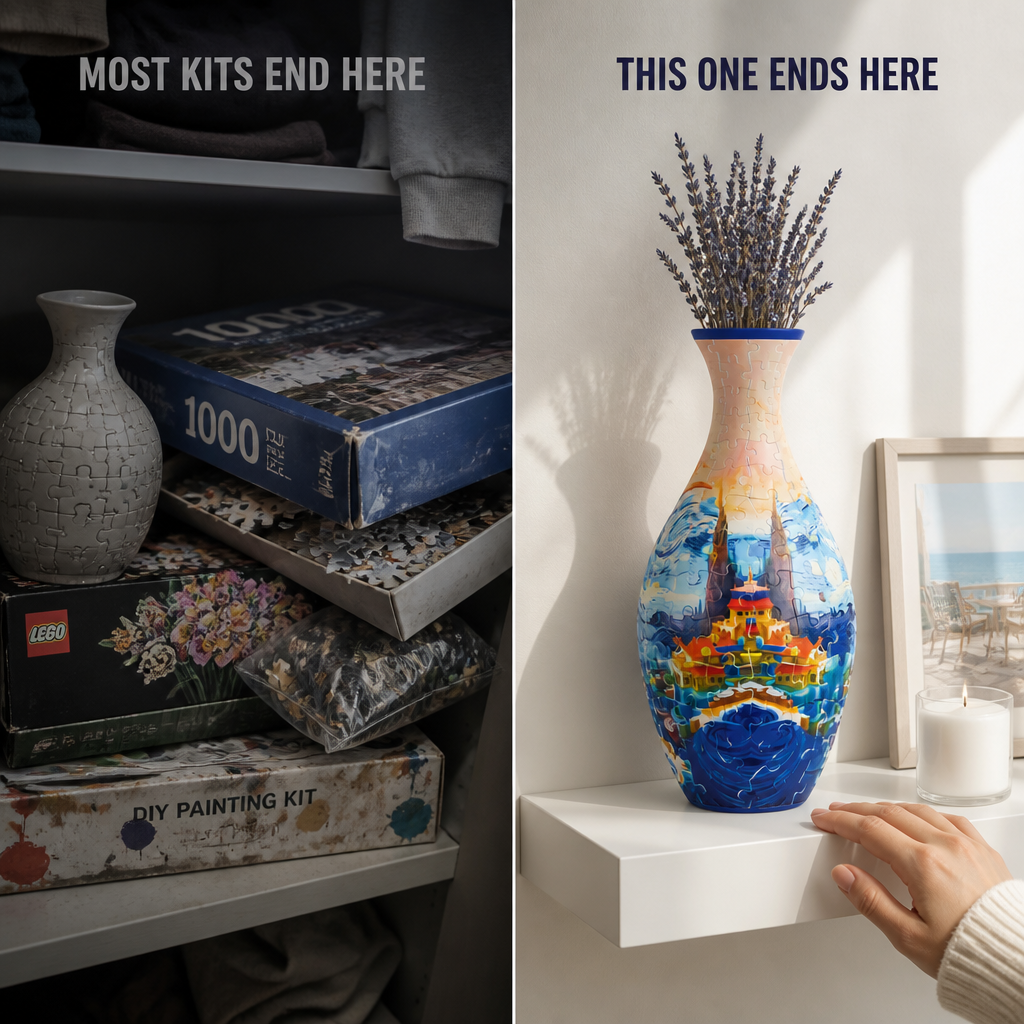 3D Puzzle Vase 160 Pieces | Waterproof Insert Holds Real Flowers | Snap-Fit Build, No Glue, 6 Porcelain-Look Designs