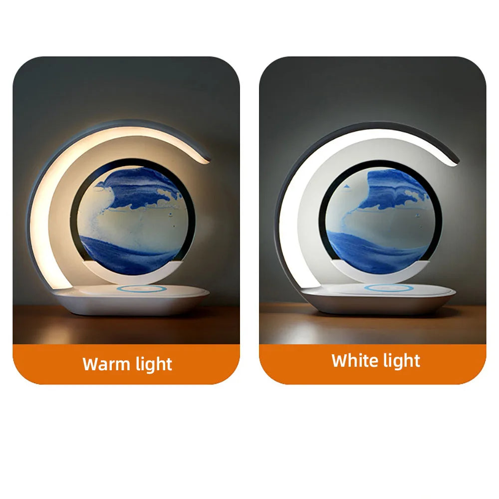 3D Sand Art Table Lamp | Wireless Charger &amp; Night Light Built In | Moving Sand Art Display for Desk or Bedside