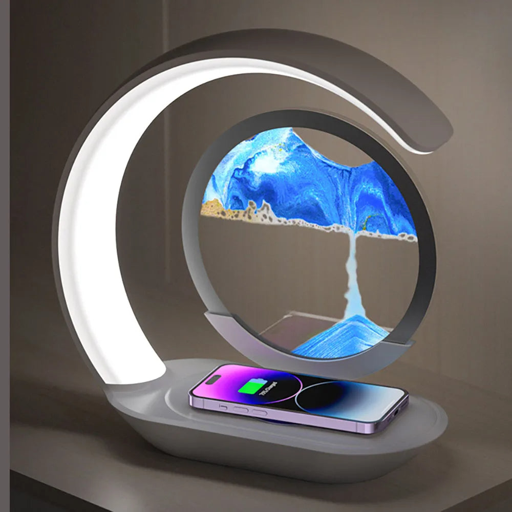 3D Sand Art Table Lamp | Wireless Charger &amp; Night Light Built In | Moving Sand Art Display for Desk or Bedside