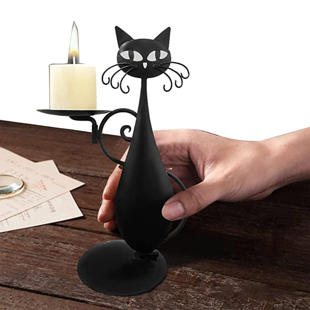 Black Cat Candle Holder Iron | Raised Tail Handle Design with Textured Fur Detail | Holds Tealights Votives Pillar Candles 3
