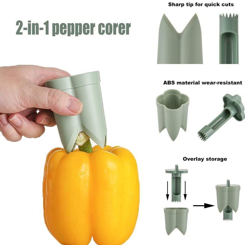 2-In-1 Fruit and Pepper Corer, ABS | Green, Two-Piece Snap Design | Removes Cores and Seeds Without Damaging the Flesh 3