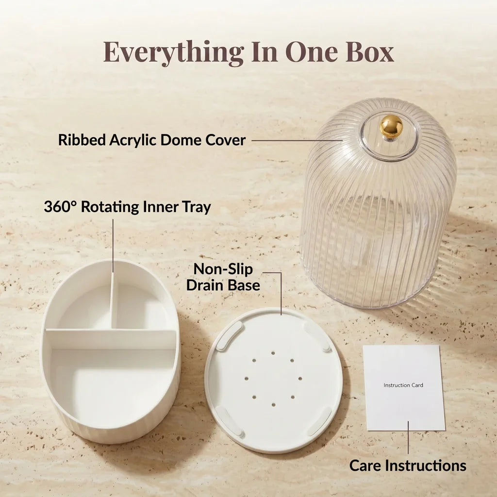 Covered Toothbrush Holder Vanity Organiser | 360-Degree Rotating Tray &amp; Sealed Dust-Proof Dome | Holds 7 Bathroom Accessories 3