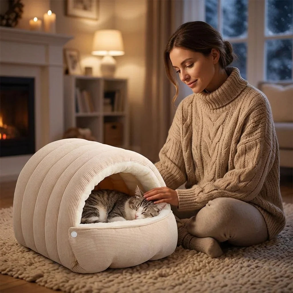Covered Pet Cave Bed with Plush Fleece Lining | Orthopedic Cotton Cushioning | Warm Enclosed Retreat for Cats and Dogs 5