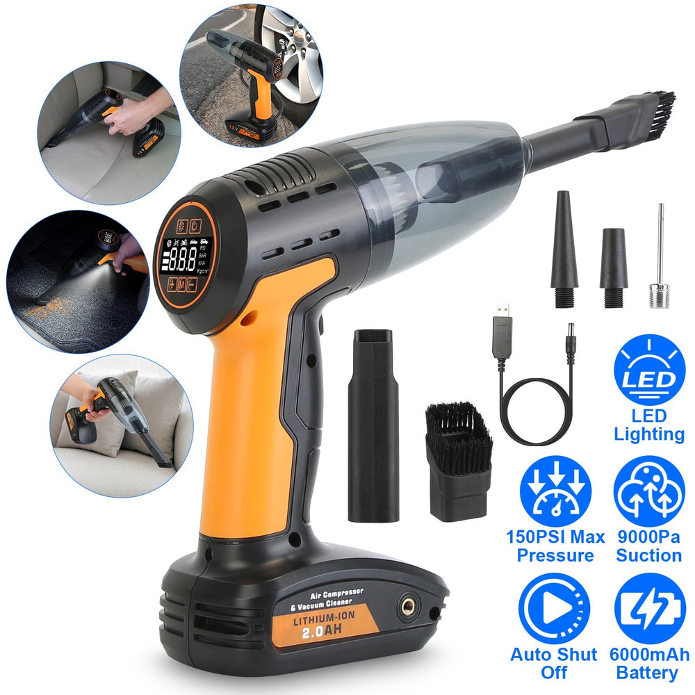 4-in-1 Cordless Car Vacuum & Tyre Inflator | 9000Pa | 120W | 6000mAh | LED Light | Auto Shut-Off
