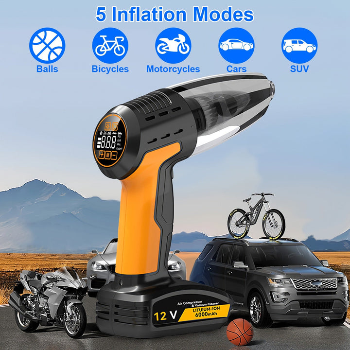 4-in-1 Cordless Car Vacuum &amp; Tyre Inflator | 9000Pa | 120W | 6000mAh | LED Light | Auto Shut-Off