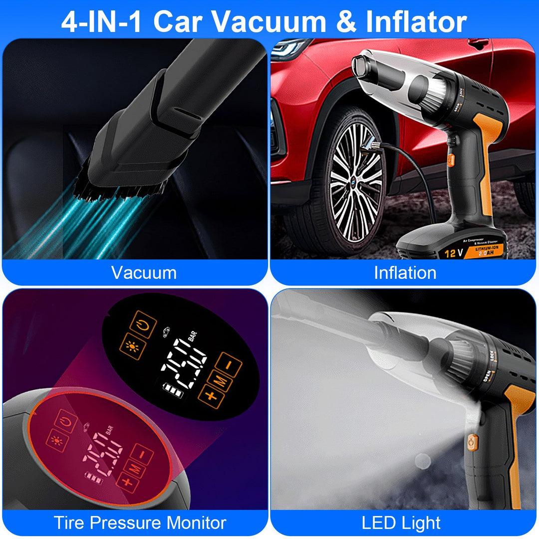 4-in-1 Cordless Car Vacuum &amp; Tyre Inflator | 9000Pa | 120W | 6000mAh | LED Light | Auto Shut-Off
