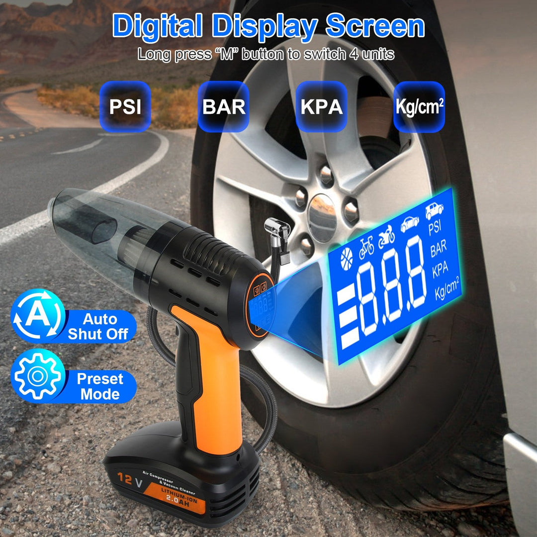 4-in-1 Cordless Car Vacuum &amp; Tyre Inflator | 9000Pa | 120W | 6000mAh | LED Light | Auto Shut-Off