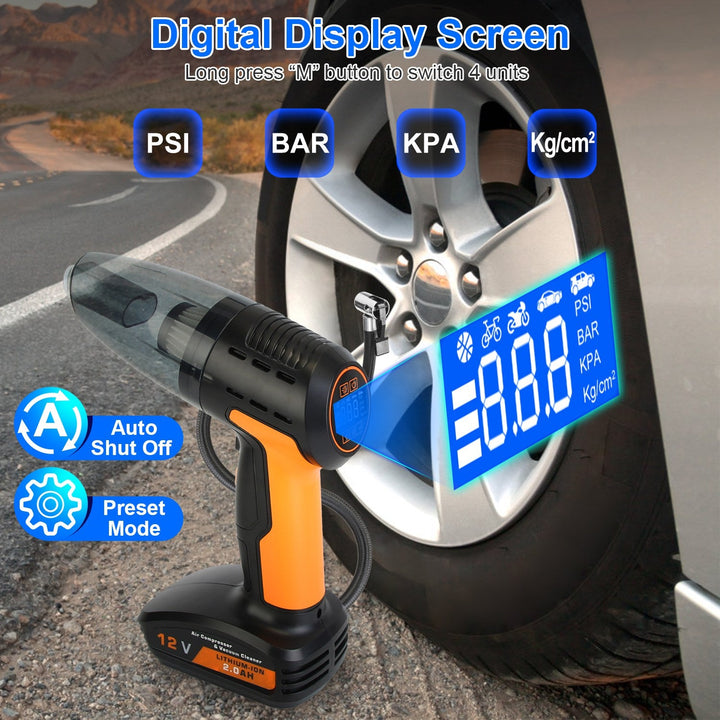 4-in-1 Cordless Car Vacuum &amp; Tyre Inflator | 9000Pa | 120W | 6000mAh | LED Light | Auto Shut-Off