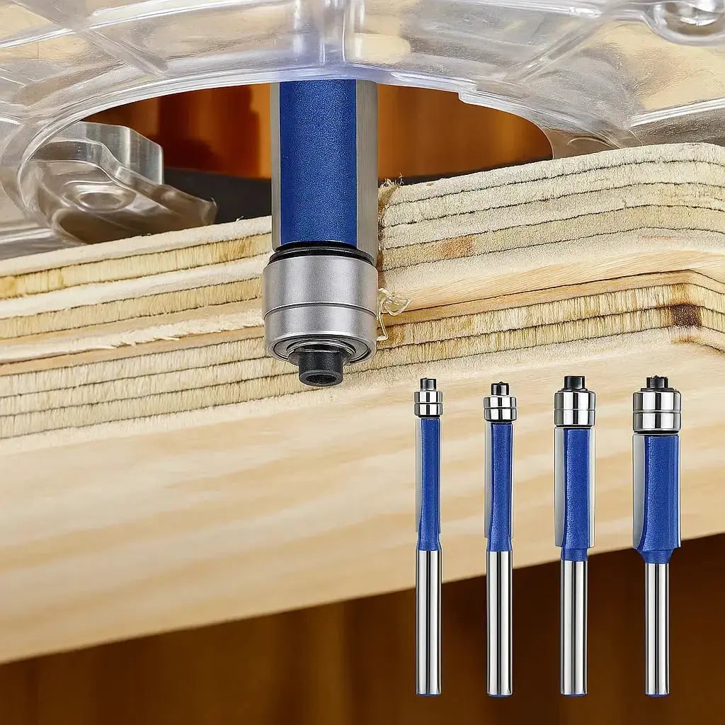 4-Piece Flush Trim Router Bit Set with Double Bearings - Image 1