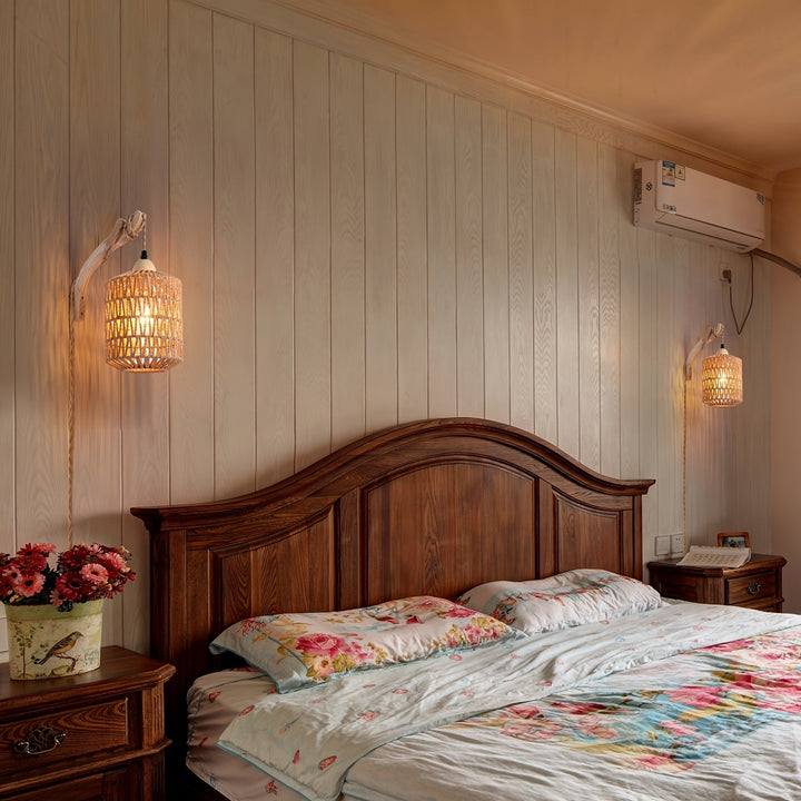 Rattan Wall Lamp Wood &amp; Rattan | Hand-Woven Shade with Plug-In Design | Soft Ambient Lighting for Cosy Interiors 3