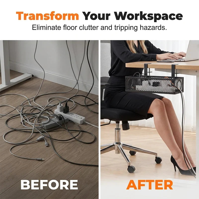 No-Drill Under-Desk Cable Management Tray Mesh Clamp Mount 3
