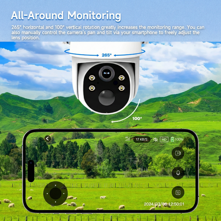 4G LTE Solar Security Camera | 2K HD | AI Motion Detection | IP65 | 360° Pan | Two-Way Audio