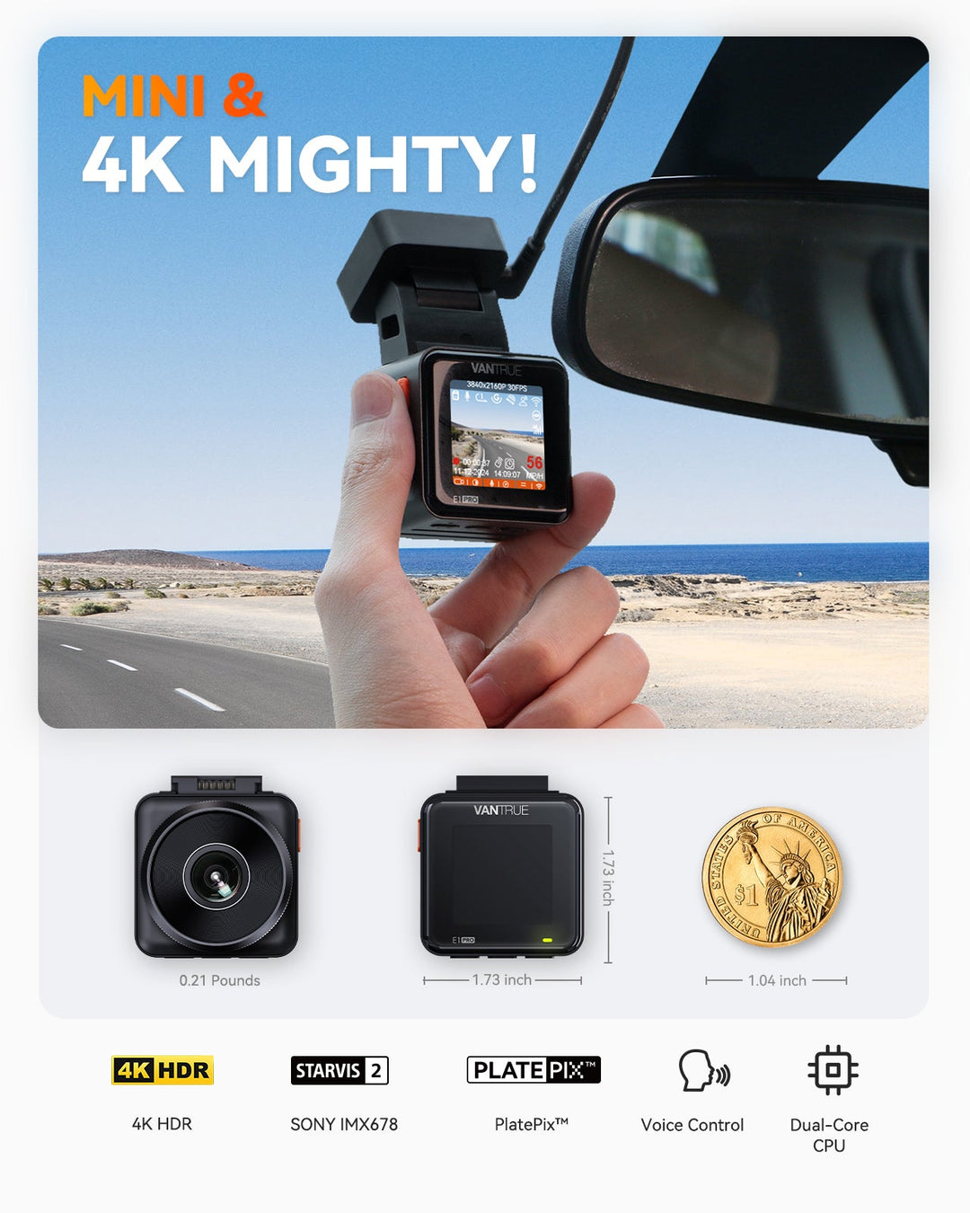 4K Dash Cam | Enhanced Night Vision | 5GHz WiFi | GPS | 24/7 Parking Mode | Compact