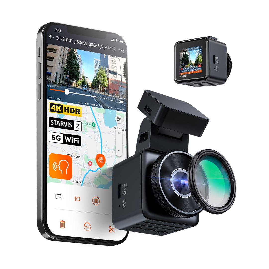 4K Dash Cam | Enhanced Night Vision | 5GHz WiFi | GPS | 24/7 Parking Mode | Compact