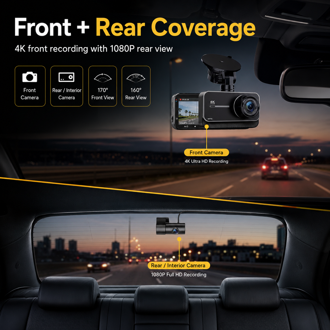 4K Dual Dash Cam | WiFi &amp; GPS | 24H Parking Mode | 170° Wide Angle | Max 256GB | Night Vision