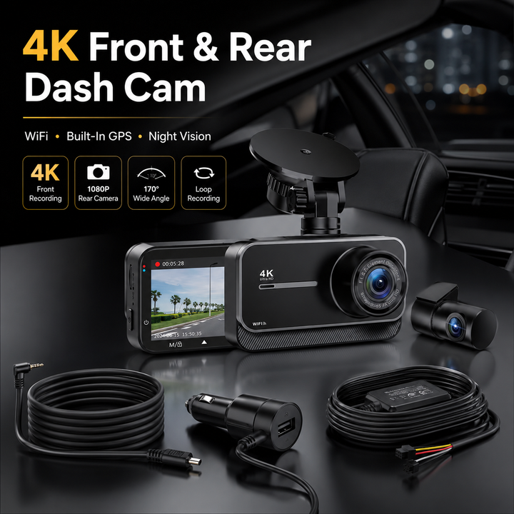 4K Dual Dash Cam | WiFi &amp; GPS | 24H Parking Mode | 170° Wide Angle | Max 256GB | Night Vision